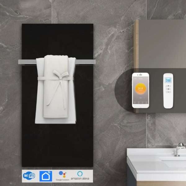 700 Watt infrarood handdoekdroger voor badkamer met wifi - zwart glas